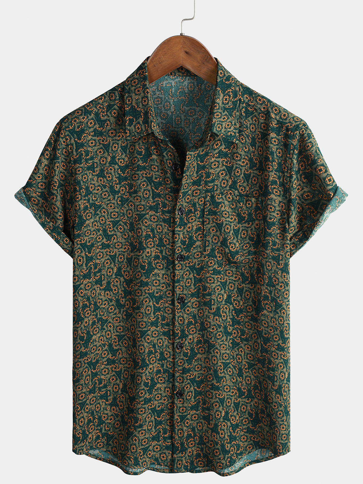 Men's Green Geometric Pattern Casual Pocket Short Sleeve Shirt