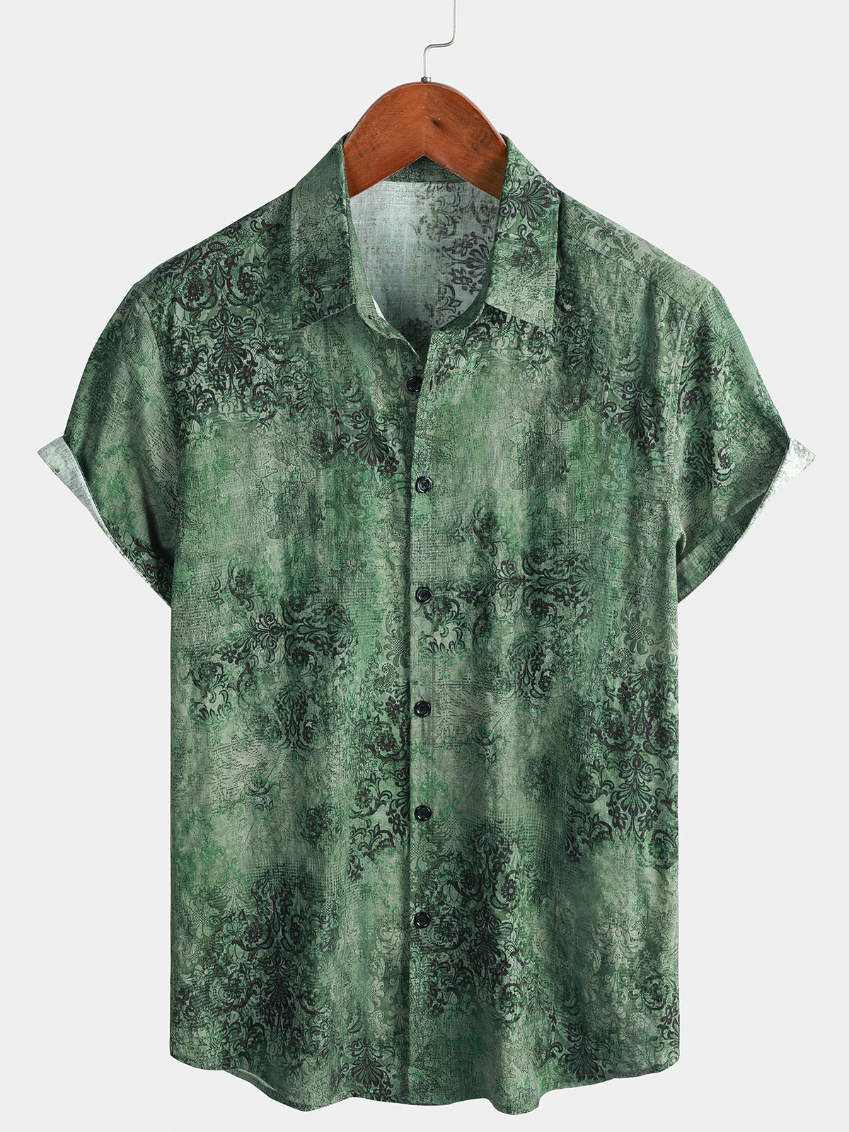 Men's Retro Paisley Print Cotton Button Up Western Green Short Sleeve Shirt