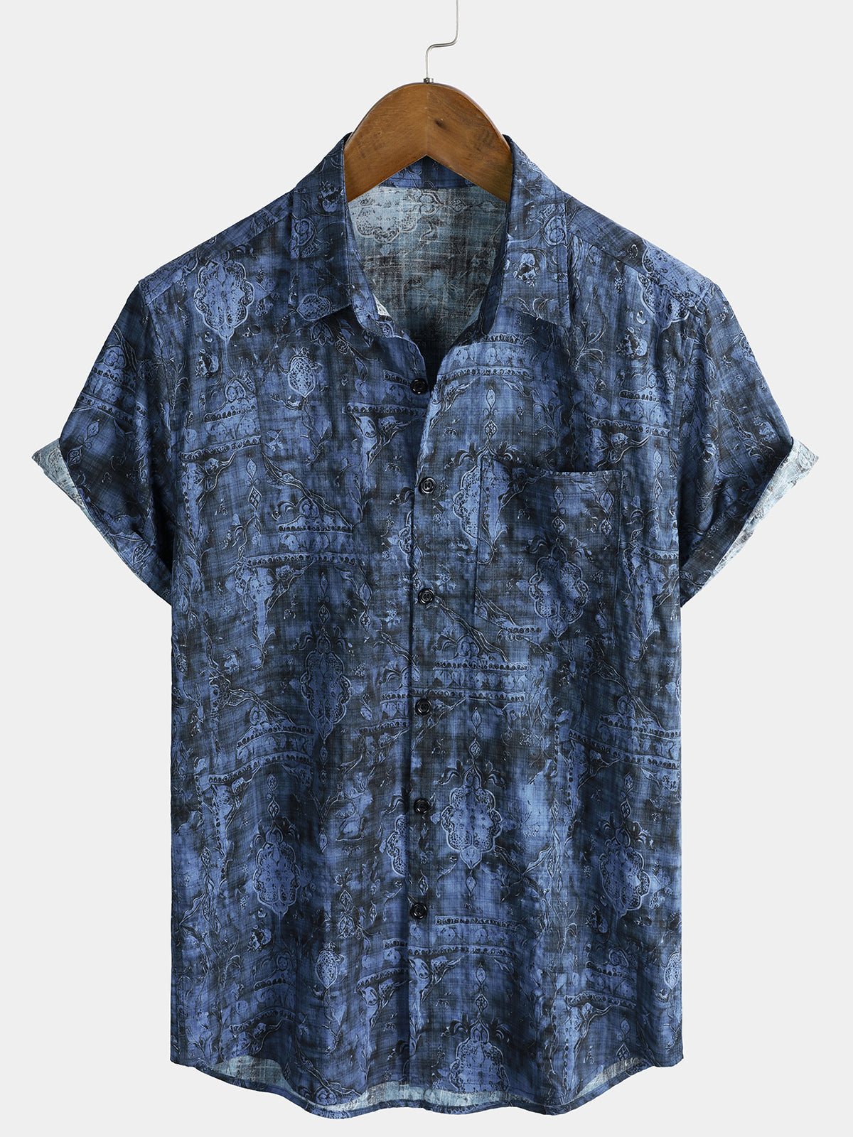 Men's Blue Vintage Holiday Western Cotton Pocket Short Sleeve Shirt