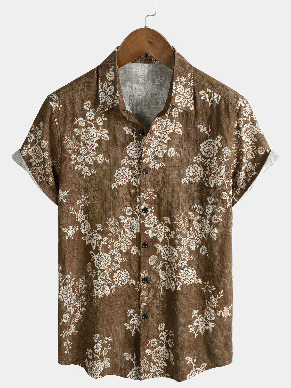 Men's Vintage Brown Floral Cotton Soft Holiday Short Sleeve Shirt