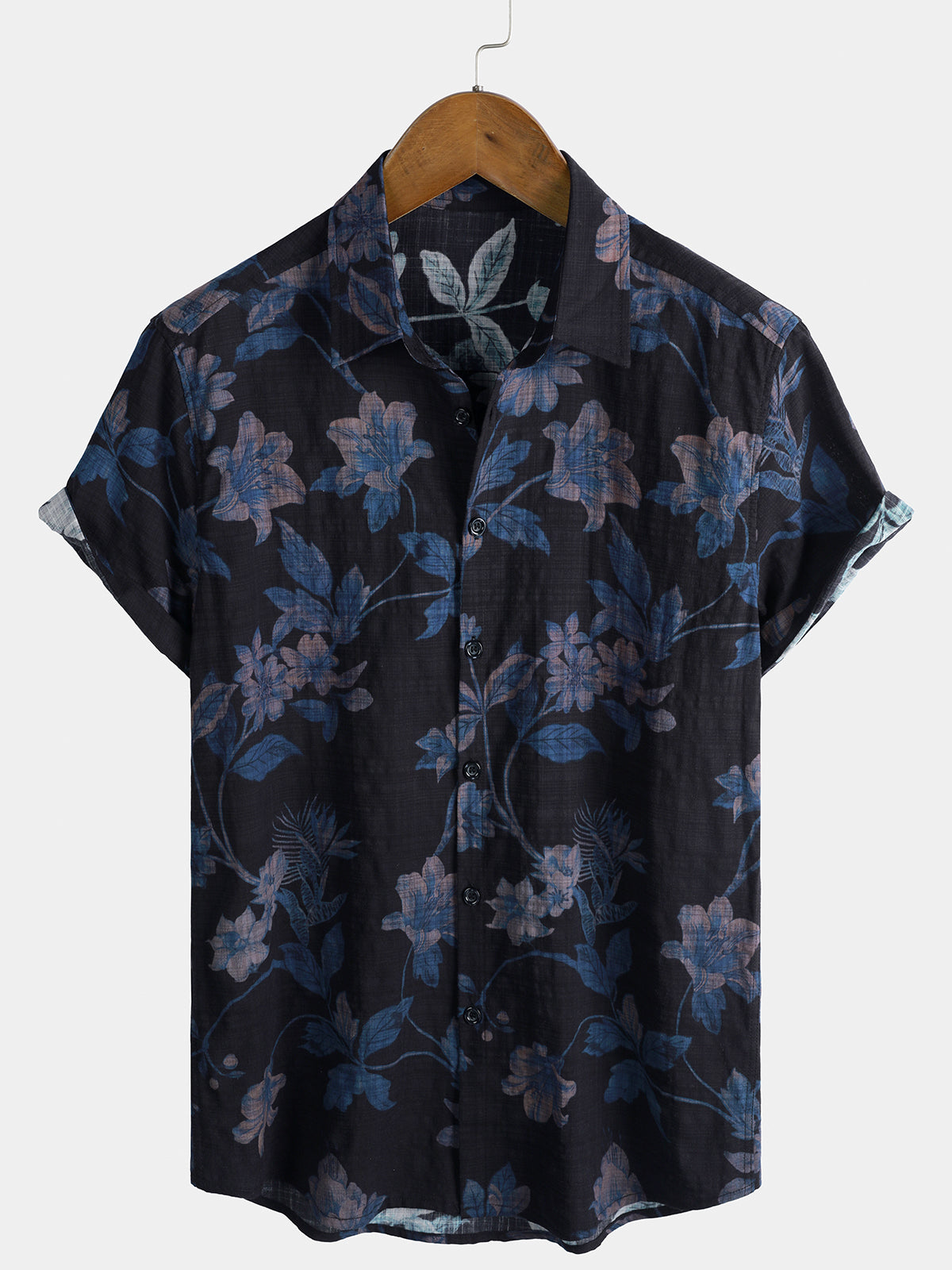 Men's Casual Floral Holiday Button Black Short Sleeve Shirt