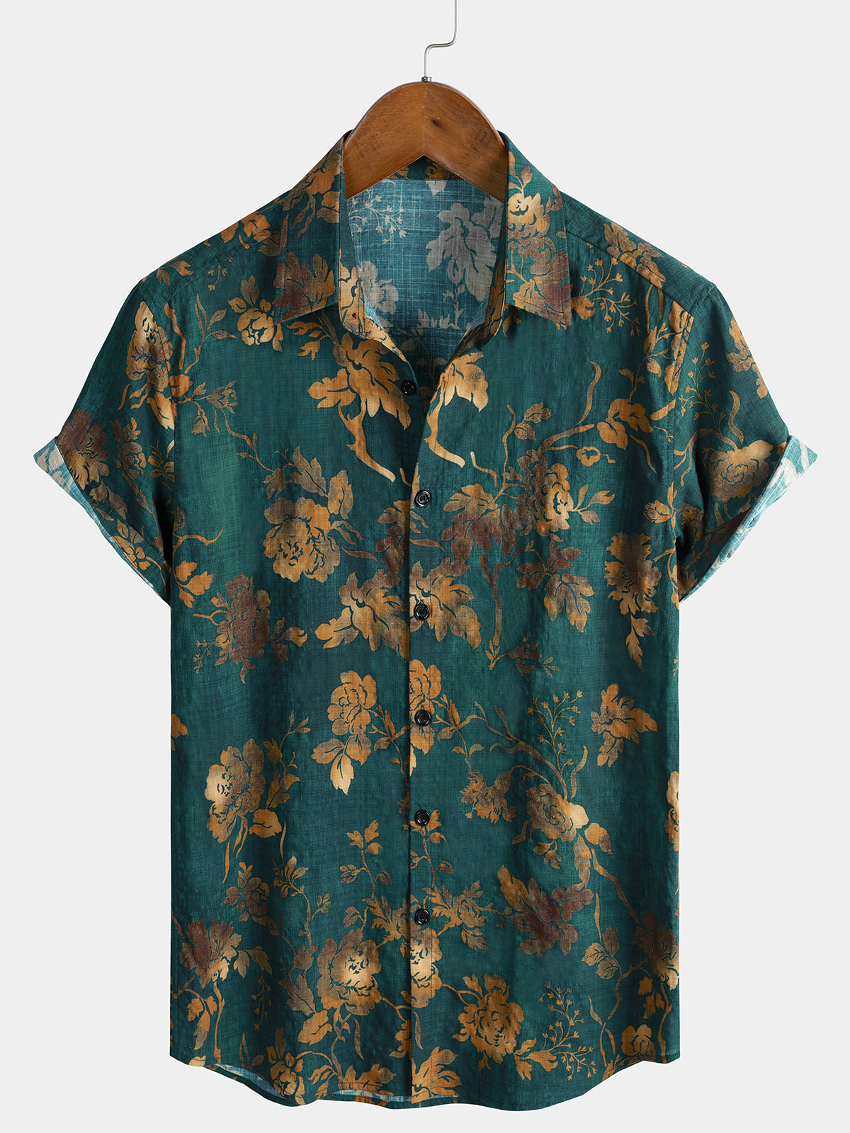 Men's Vacation Cotton Button Up Short Sleeve Green Vintage Hawaiian Shirt