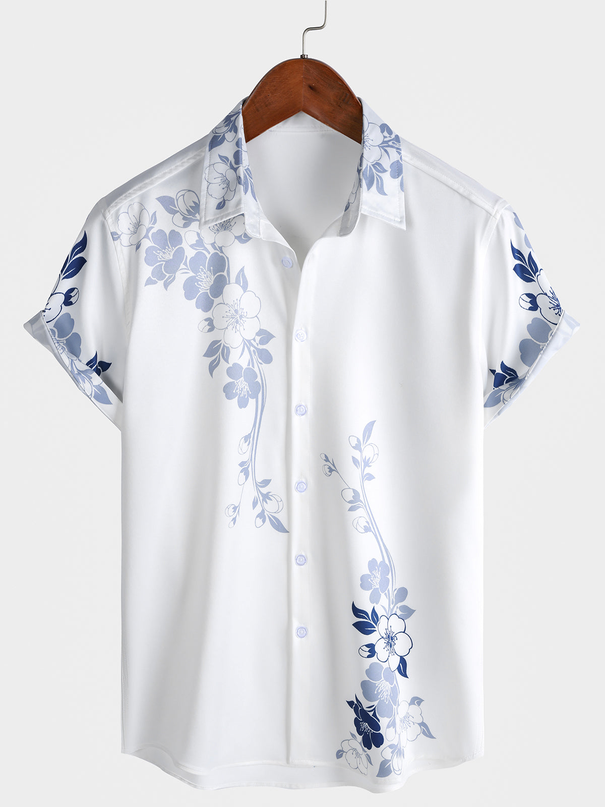 Men's Blue Floral Print Hawaiian Button Up Cruise Holiday Short Sleeve Shirt