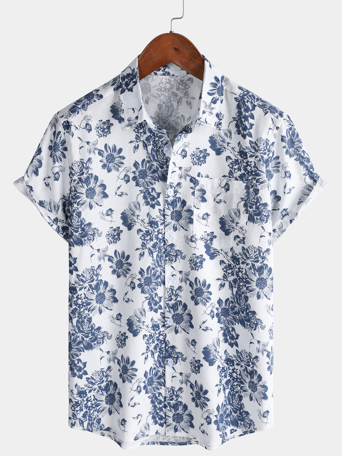 Men's Floral Print Short Sleeve Summer Cotton Linen Shirt