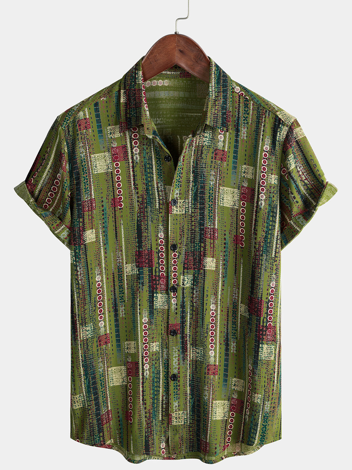 Men's Retro Green Geometric Holiday Soft Button Up Short Sleeve Shirt
