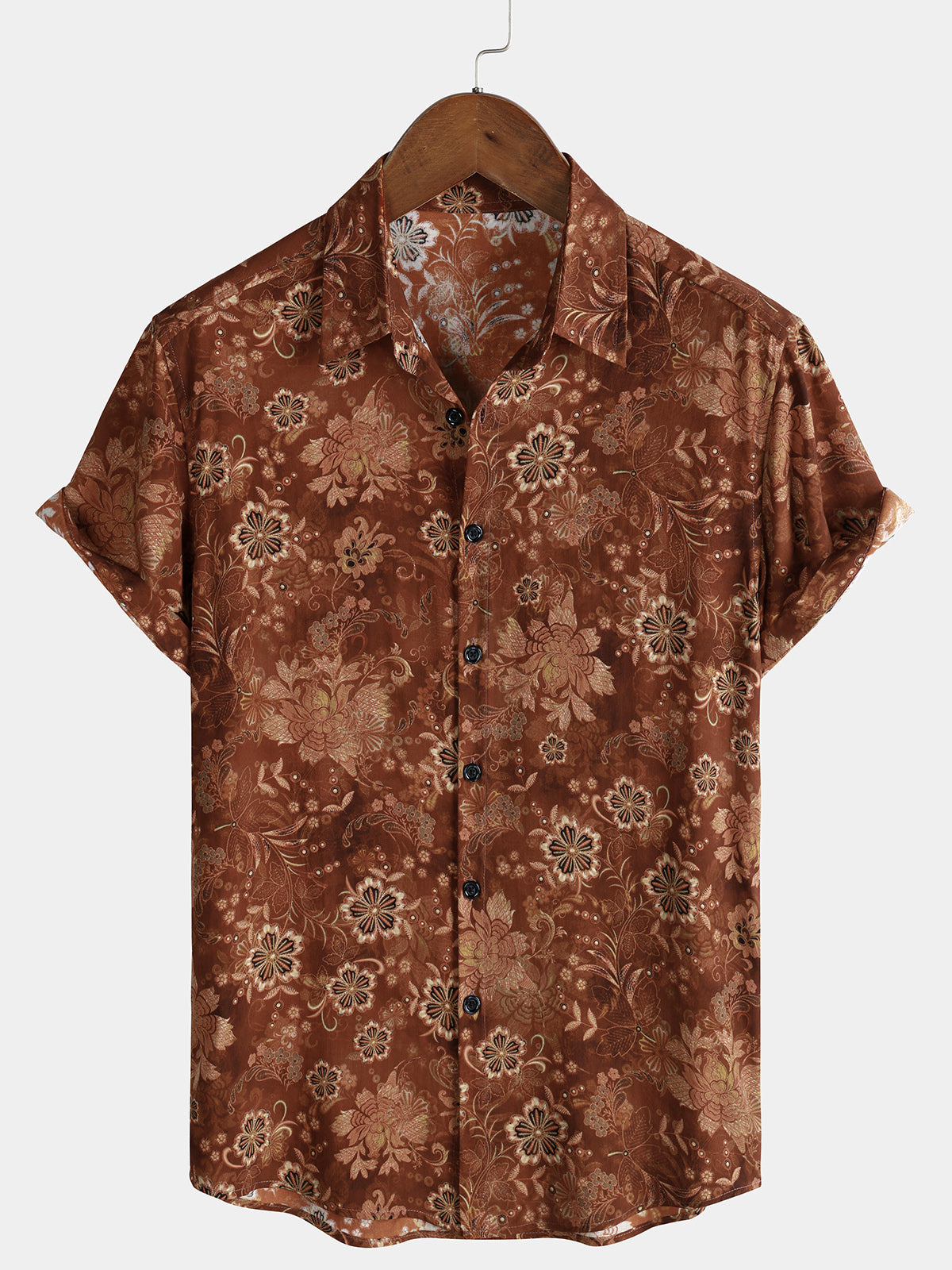 Men's Brown Vintage Floral Print Flower Holiday Short Sleeve Button Up Shirt