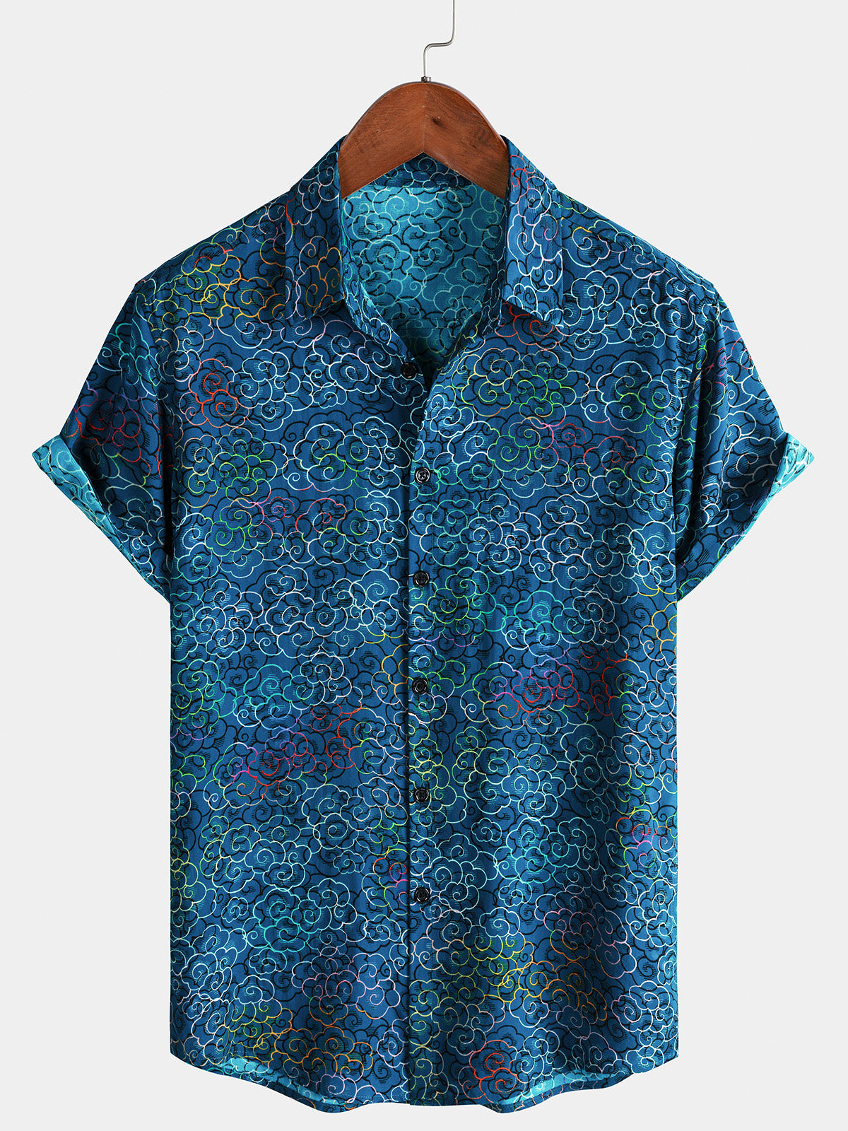 Men's Casual Holiday Blue Art Button Up Short Sleeve Shirt