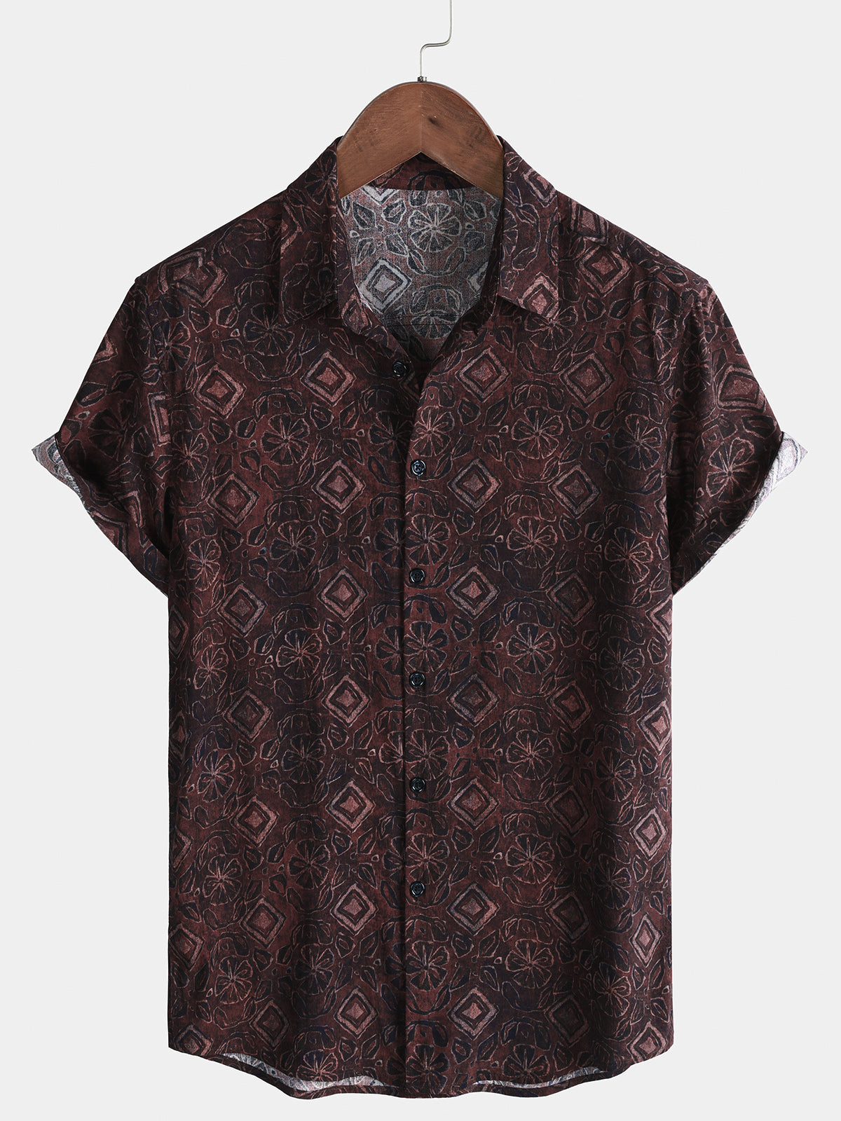 Men's Floral Geometric Print Vintage Holiday Brown Hawaiian Short Sleeve Shirt