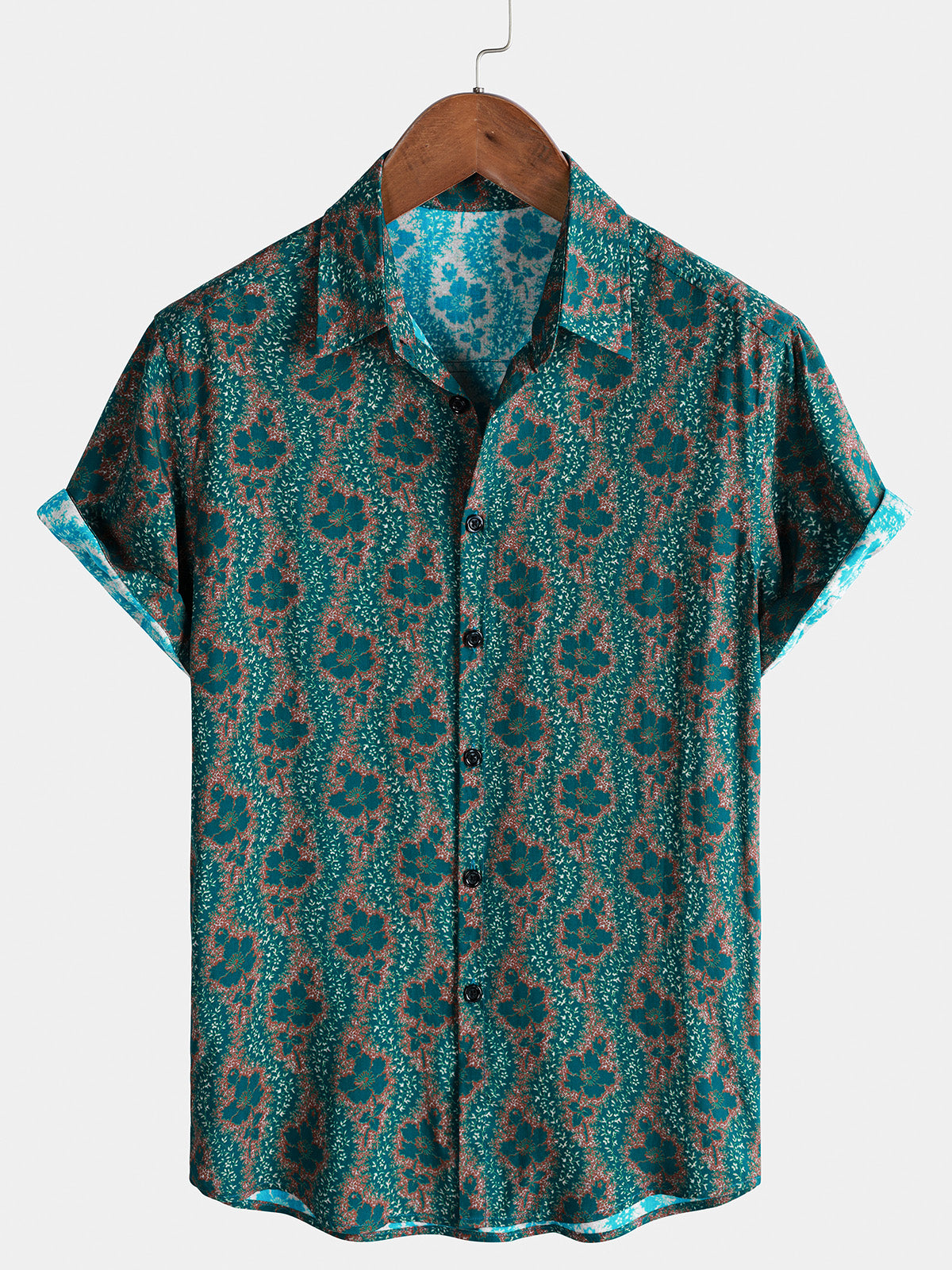 Men's Green Flower Print Vacation Vintage Hawaiian Short Sleeve Shirt