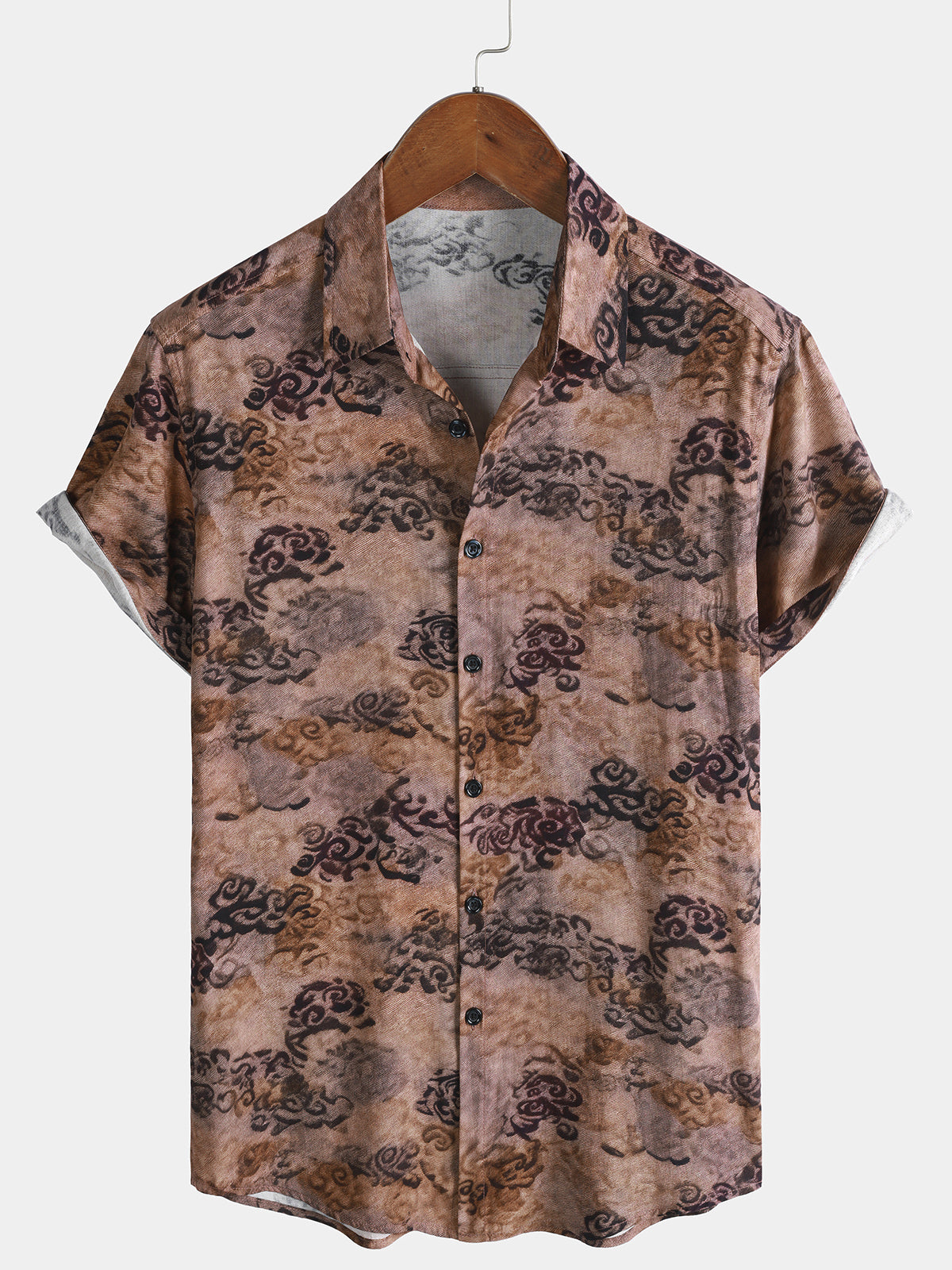 Men's Casual Holiday Art Boho Retro Button Up Short Sleeve Shirt