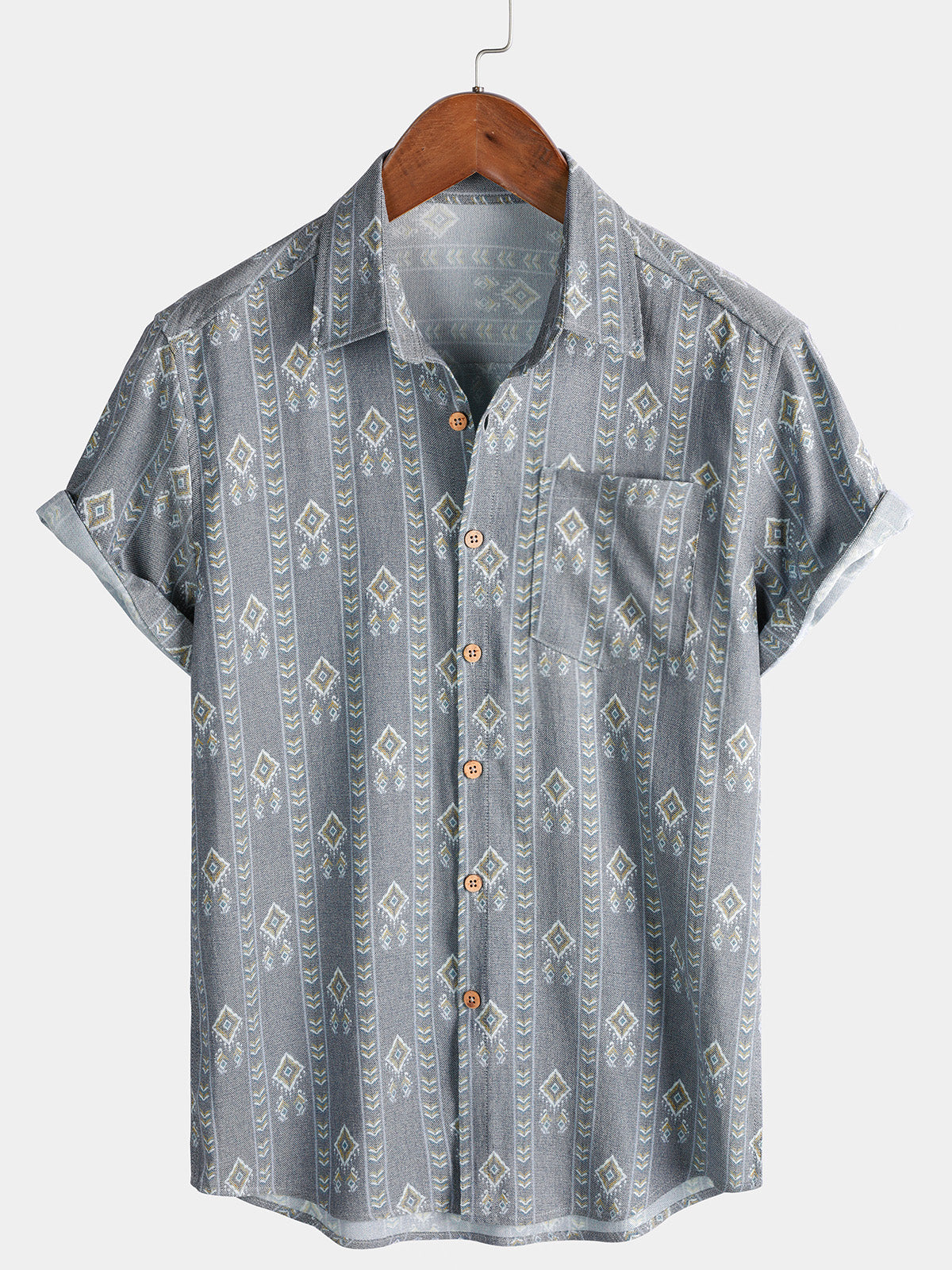 Men's Vintage Vertical Striped Short Sleeve 70s  Aztec Print Grey Shirt