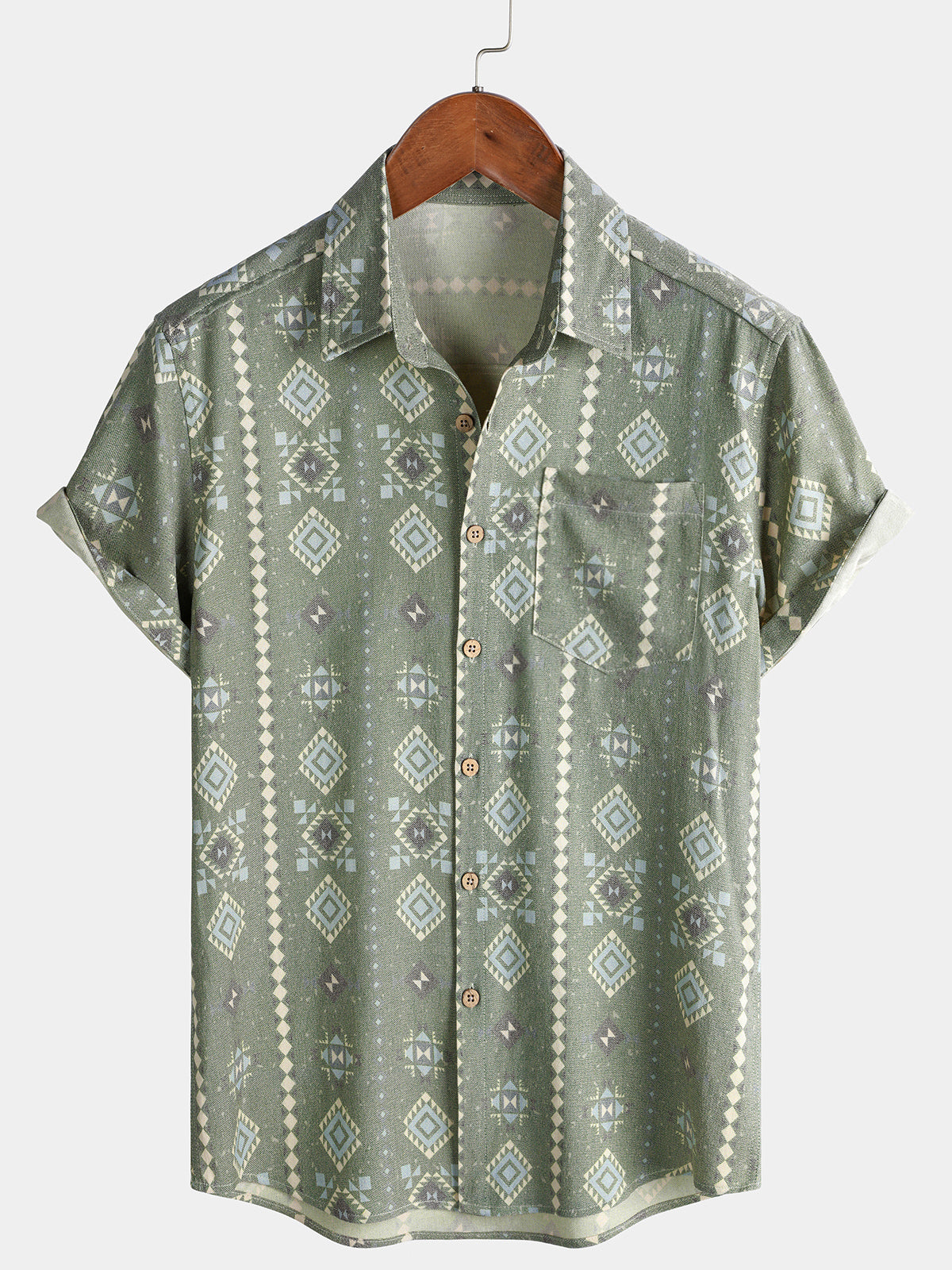 Men's Retro Vertical Striped Short Sleeve 70s Aztec Print Green Shirt