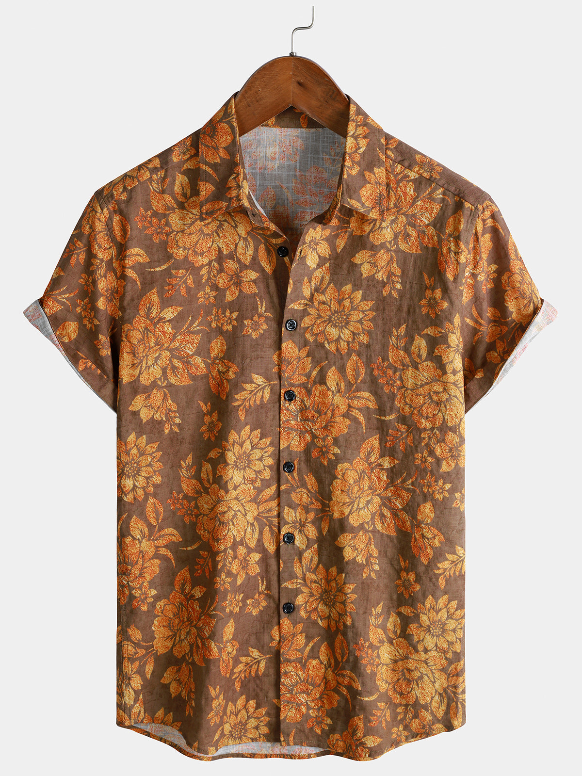 Men's Brown Retro Floral Print Vintage Hawaiian Summer Shirt