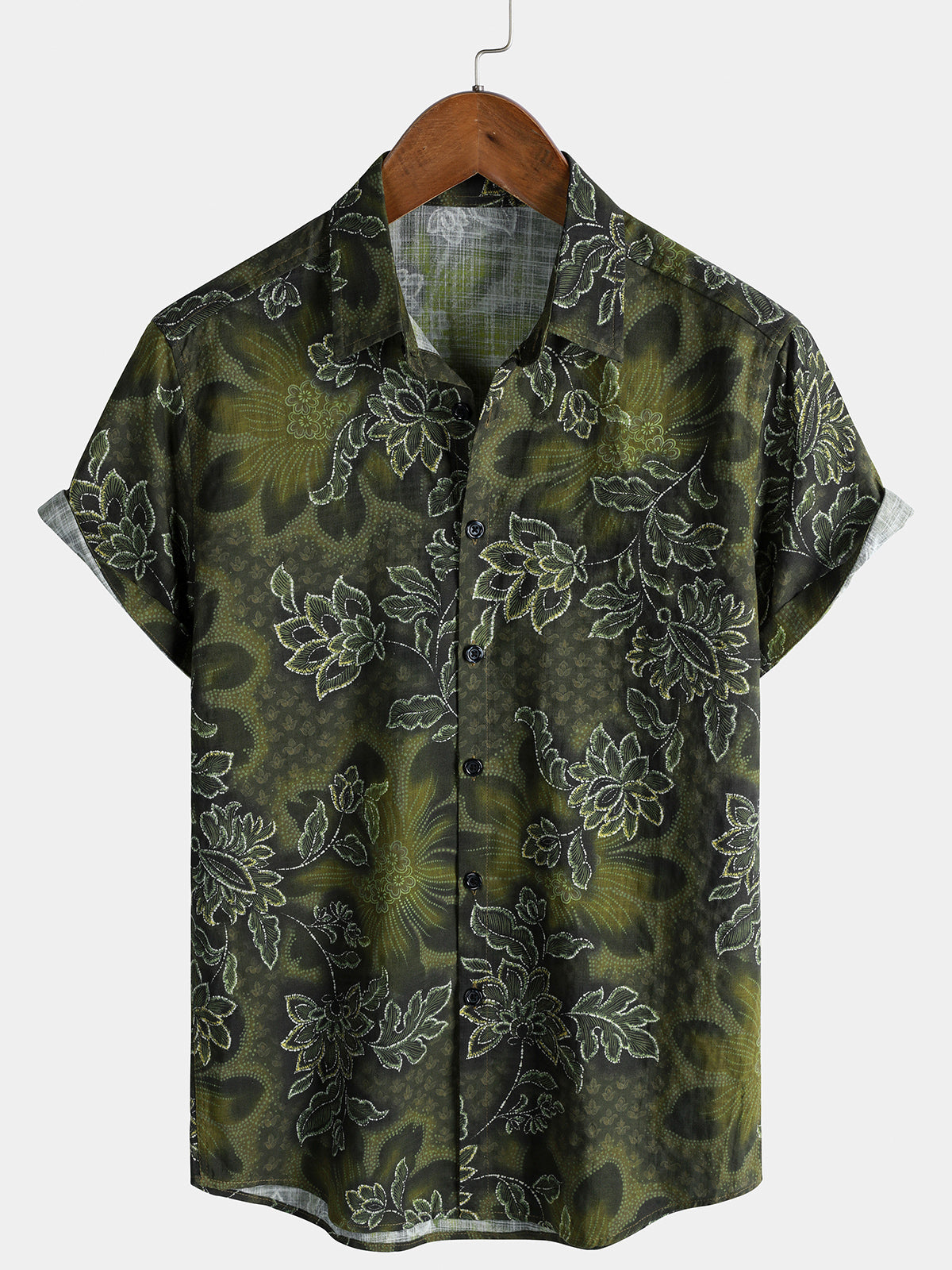 Men's Green Floral Print Vintage Hawaiian Short Sleeve Shirt