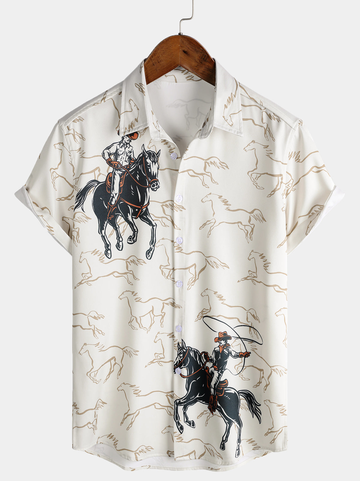 Men's Retro Western Casual Cowboy Equestrian Print Short Sleeve Shirt