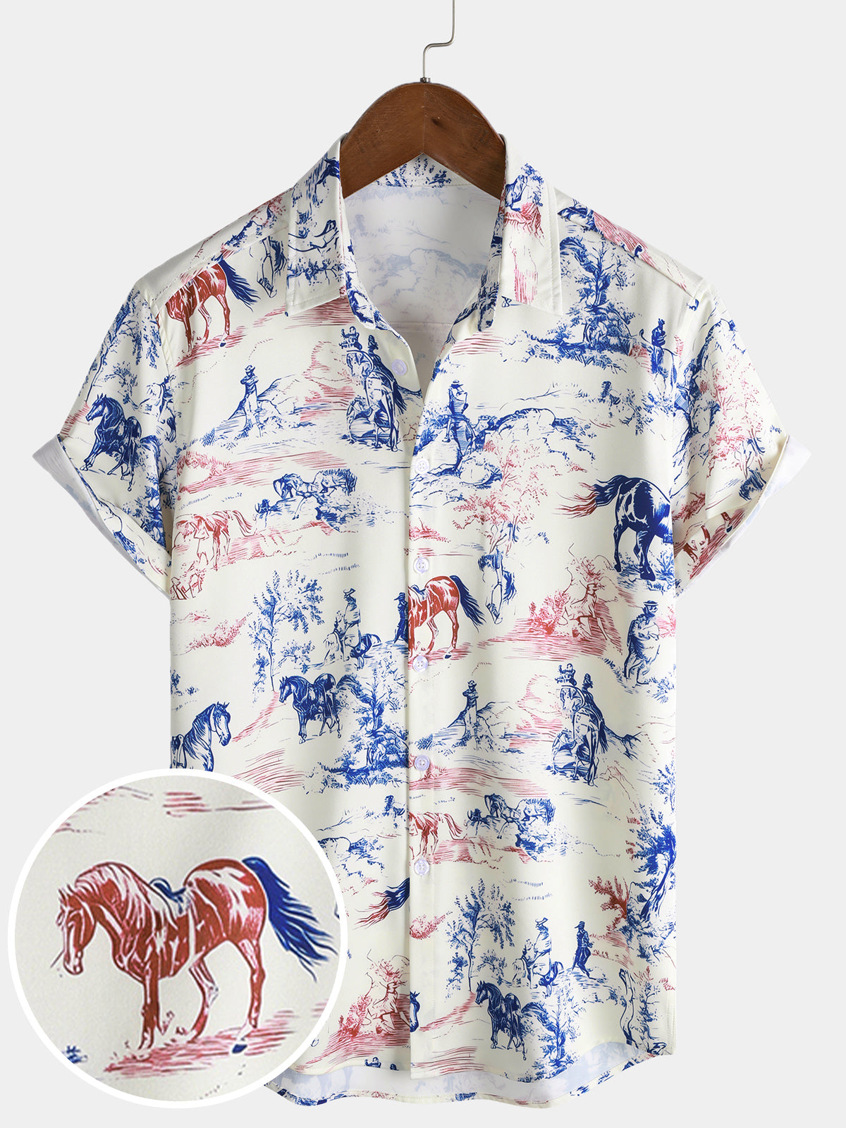 Men's Horse Print Cowboy Western Button Holiday Short Sleeve Shirt