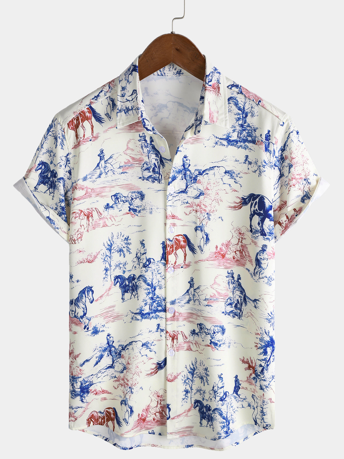 Men's Horse Print Cowboy Western Button Holiday Short Sleeve Shirt