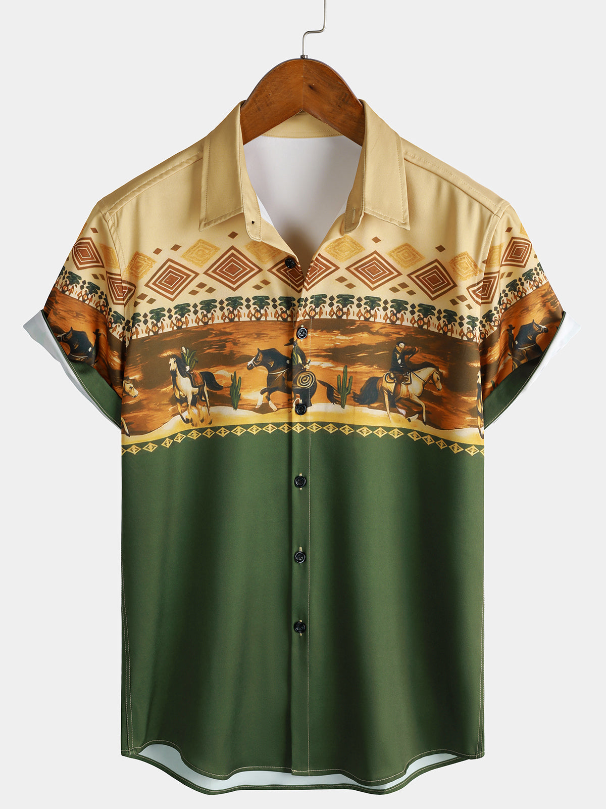 Men's Western Horse Print Cowboy Equestrian Vintage Short Sleeve Shirt