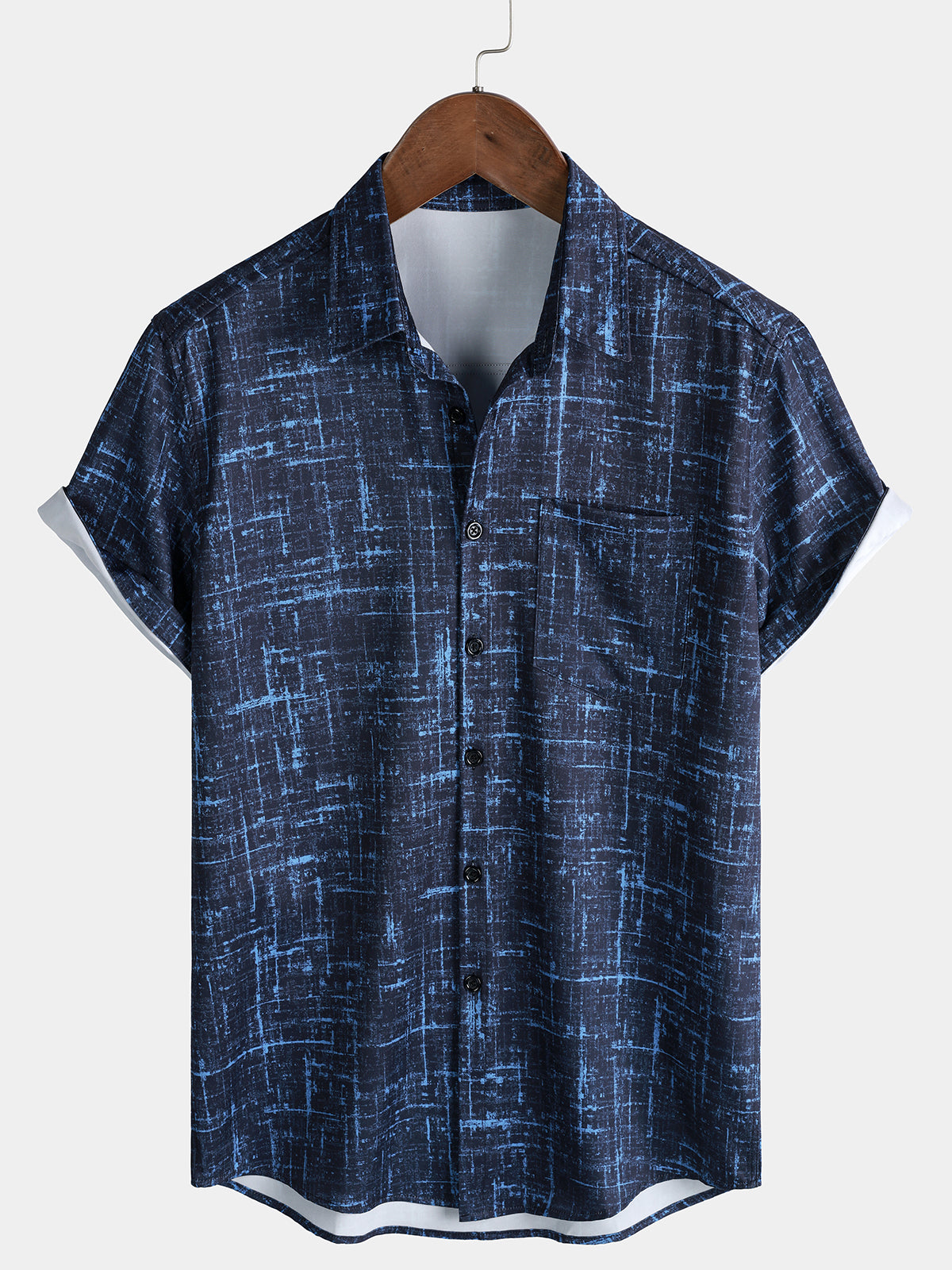 Men's Vintage Art Textured Blue Hawaiian Button Up Shirt