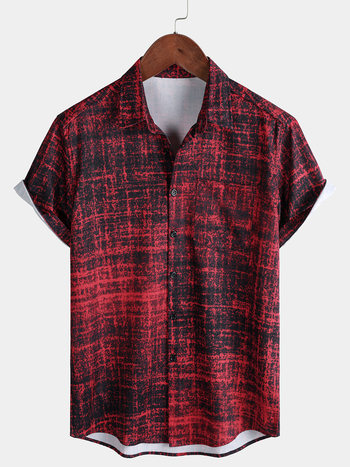 Men's Red Vintage Abstract Art Print Hawaiian Button Shirt