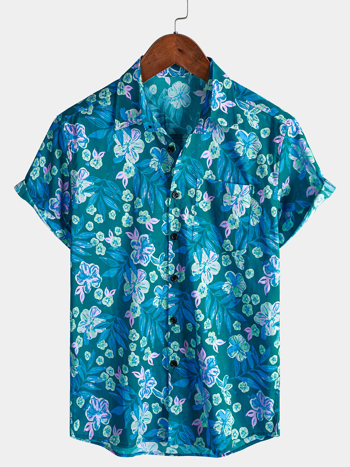Men's Blue Floral Summer Hawaiian Short Sleeve Button Up Shirt