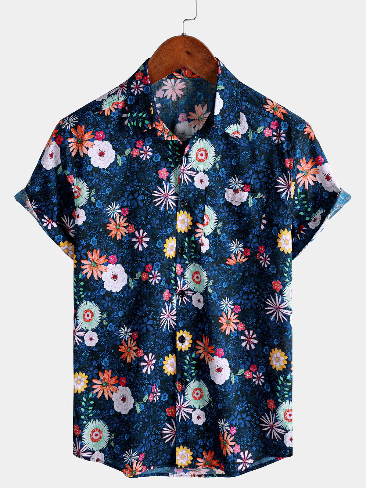 Men's Floral Summer Navy Blue Hawaiian Short Sleeve Holiday Shirt
