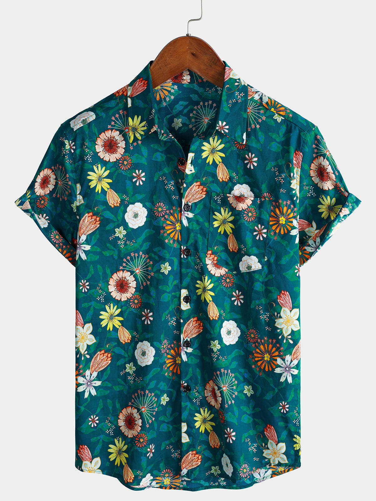Men's Green Floral Hawaiian Short Sleeve Lightweight Cotton Holiday Shirt