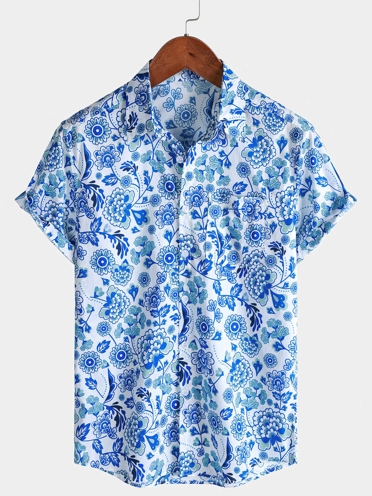 Men's Blue Paisley Floral Hawaiian Short Sleeve Holiday Shirt