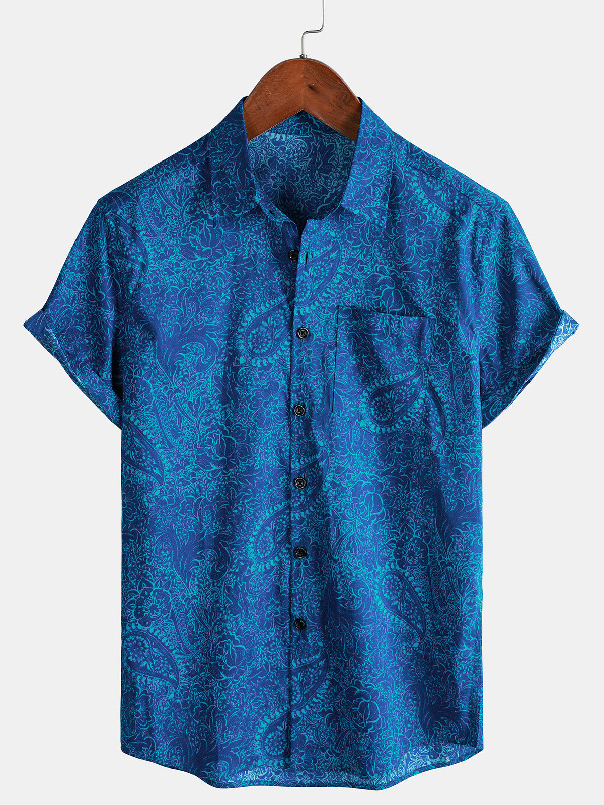 Men's Blue Vintage Paisley Floral Short Sleeve Button Shirt