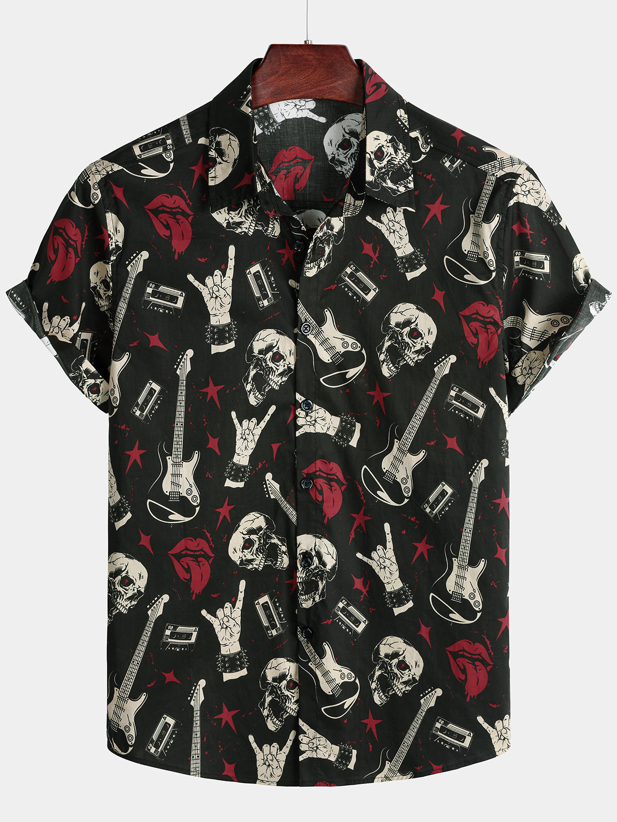 Men's Guitar Skull Music Punk Rock and Roll Cool Funny Hawaiian Shirt