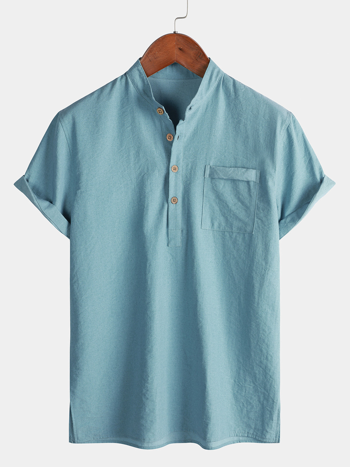 Men's Casual Solid Stand Collar Half Placket Short Sleeve Shirt