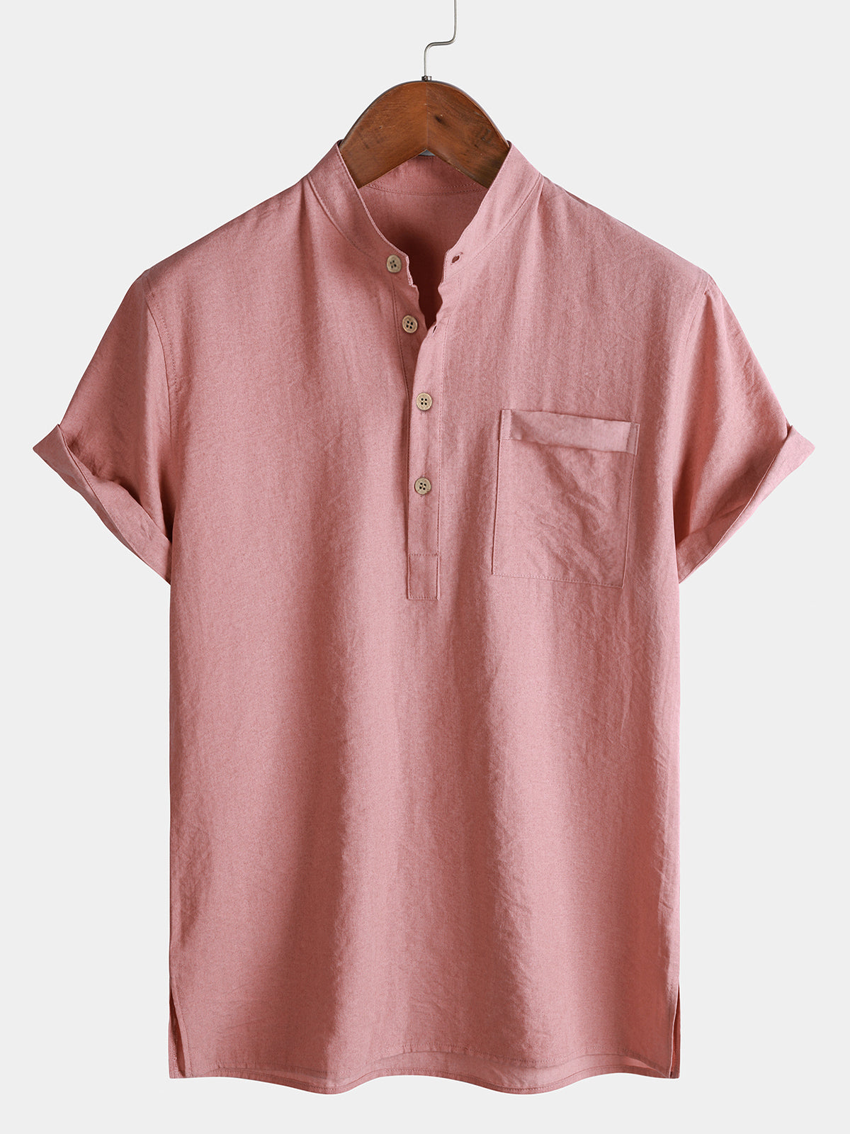 Men's Casual Solid Stand Collar Half Placket Short Sleeve Shirt