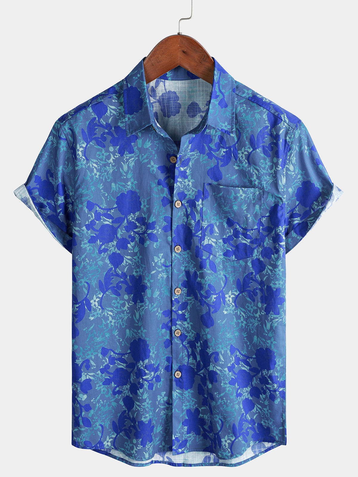 Men’s Holiday Breathable Blue Hawaiian Beach Casual Cotton Short Sleeve Shirt