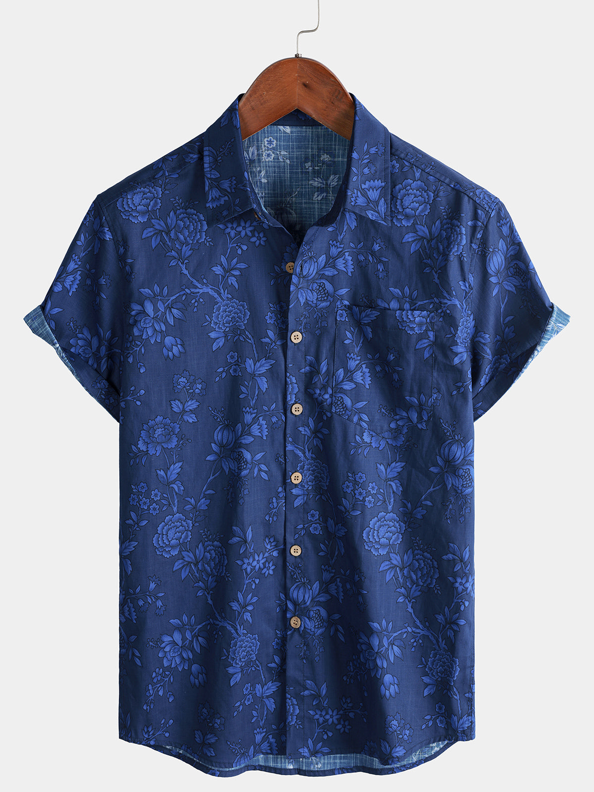 Men’s Vintage Holiday Breathable Blue Botanical Pattern Casual Cotton Short Sleeve Shirt