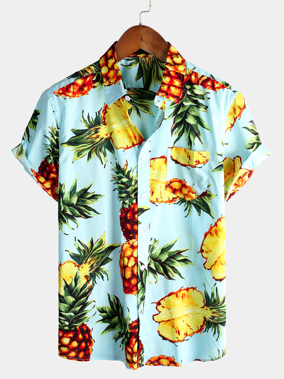 Men's Navy Blue Pineapple Tropical Holiday Cotton Pocket Shirt