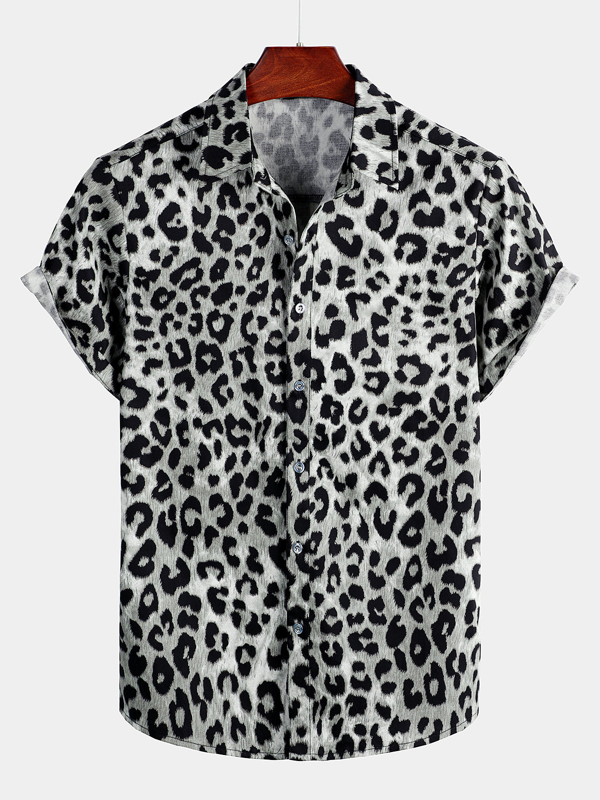 Men's Cotton Casual White Leopard Animal Print Cheetah Rock Short Sleeve Shirt