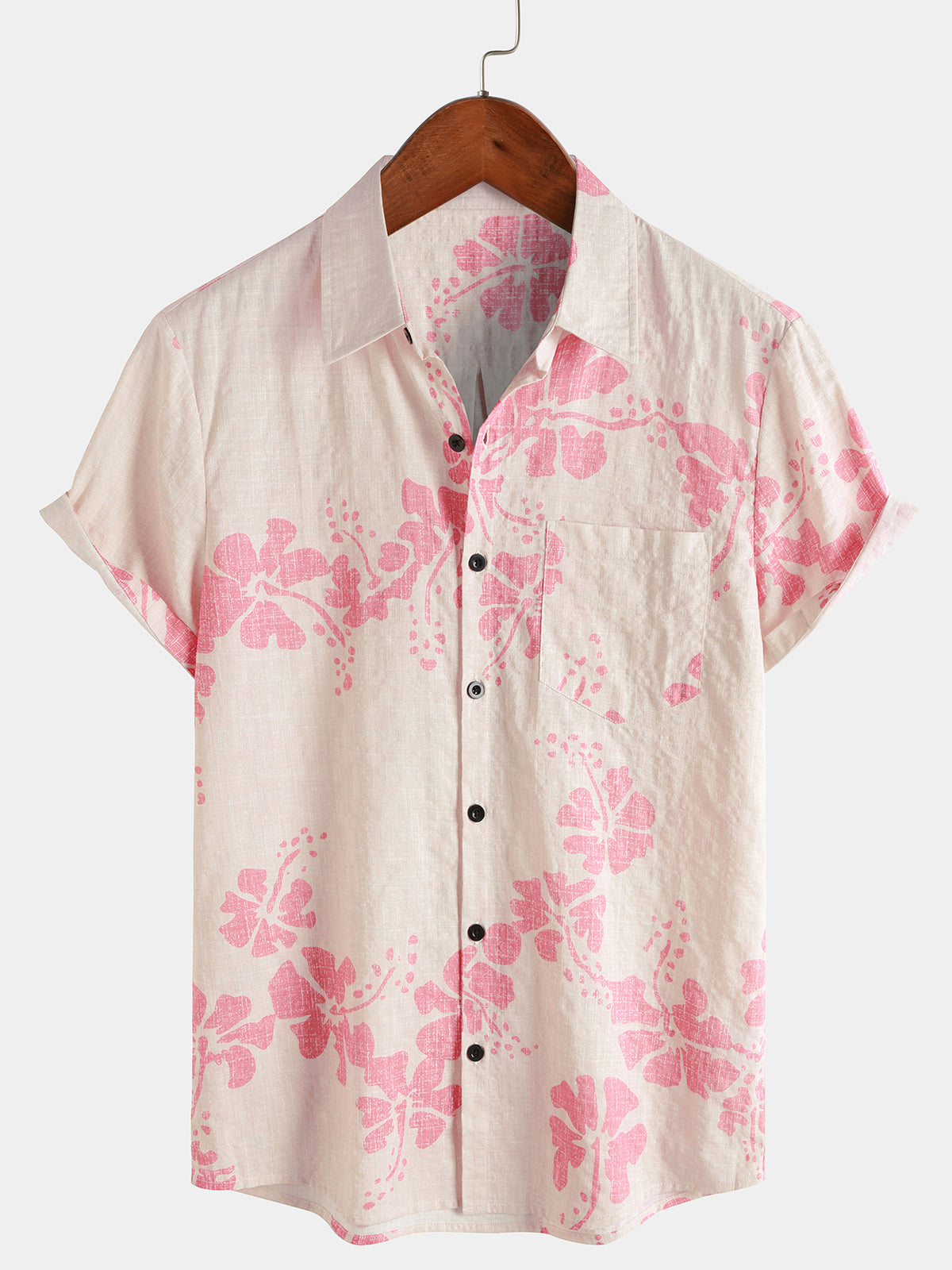 Men's Floral Holiday Button Up Beige Vintage Short Sleeve Shirt