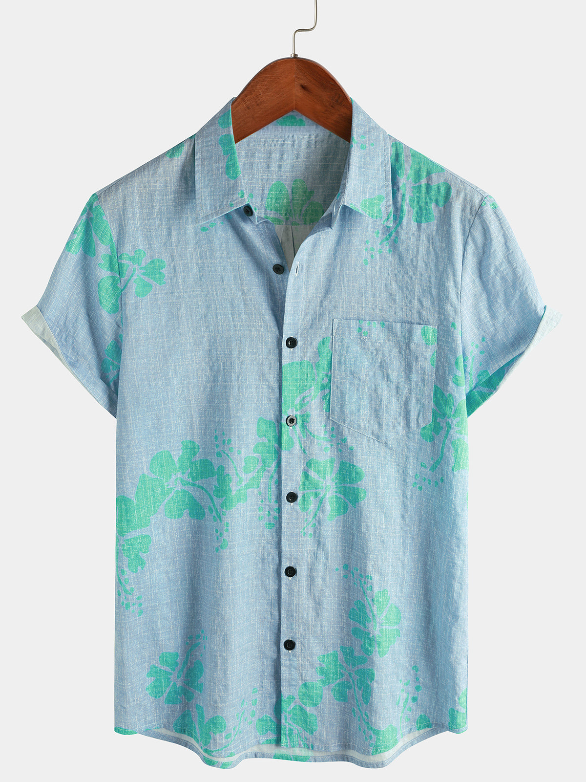 Men's Blue Floral Holiday Button Up Beach Short Sleeve Shirt