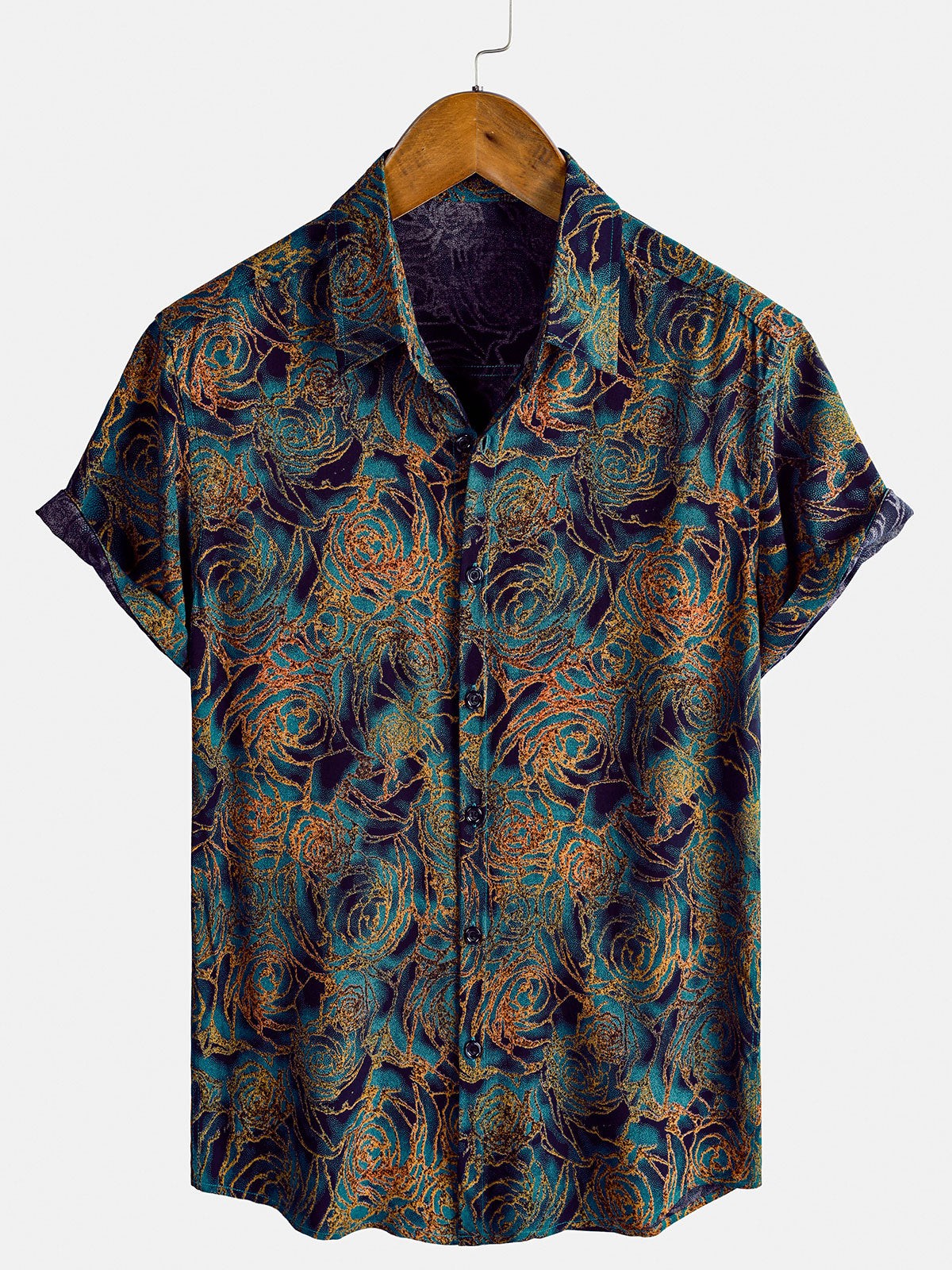 Men's Retro Floral Rose Art Short Sleeve Shirt