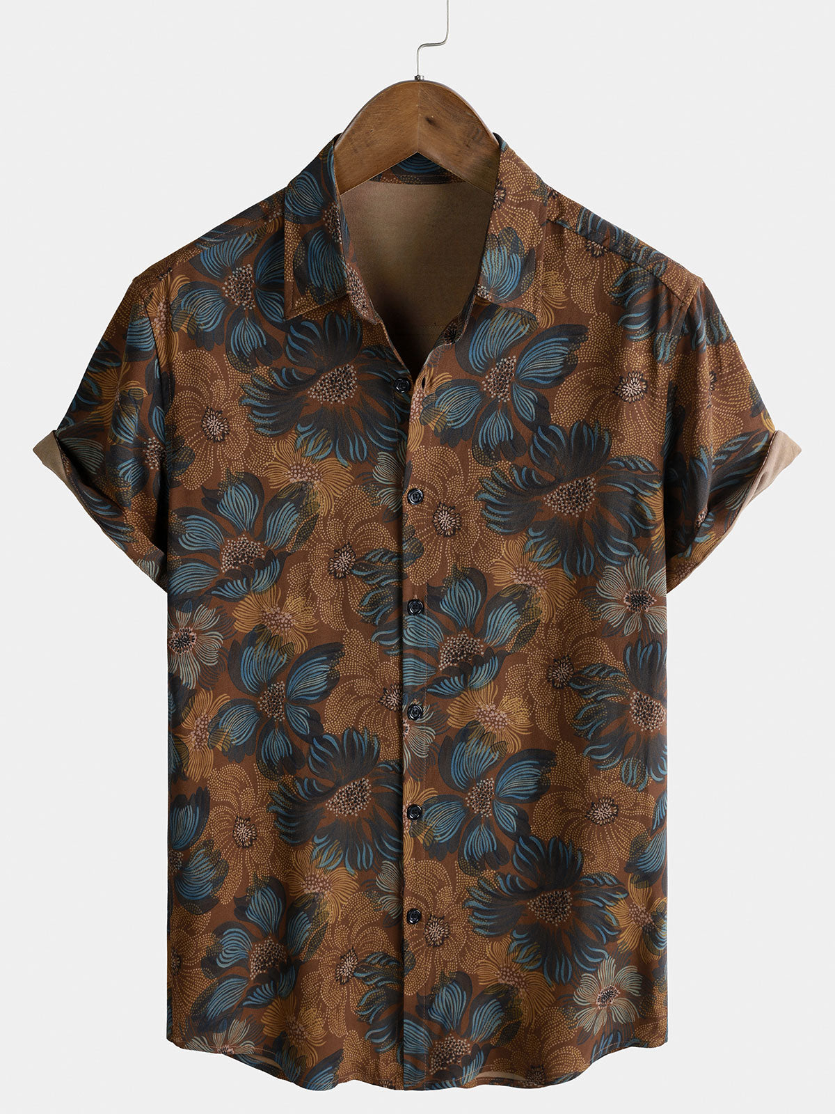Men's Vintage Floral Brown Button Up Short Sleeve Shirt
