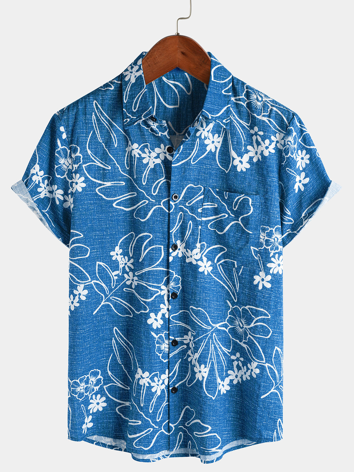 Men's Blue Floral Holiday Hawaiian Tropical Button Short Sleeve Shirt