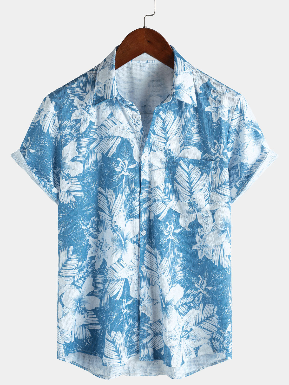 Men’s Blue Tropical Print Summer Beach Short Sleeve Shirt