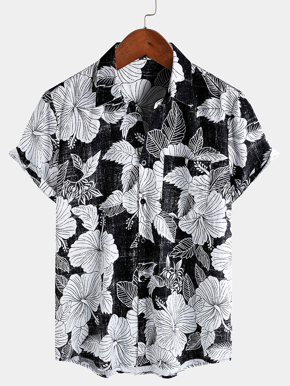 Men's Black Floral Holiday Vintage Hawaiian Button Short Sleeve Shirt