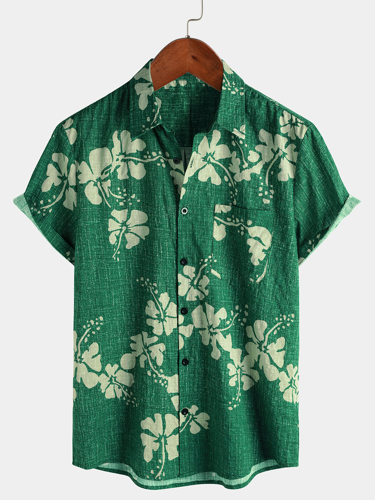 Men's Green Floral Holiday Hawaiian Button Up Short Sleeve Shirt