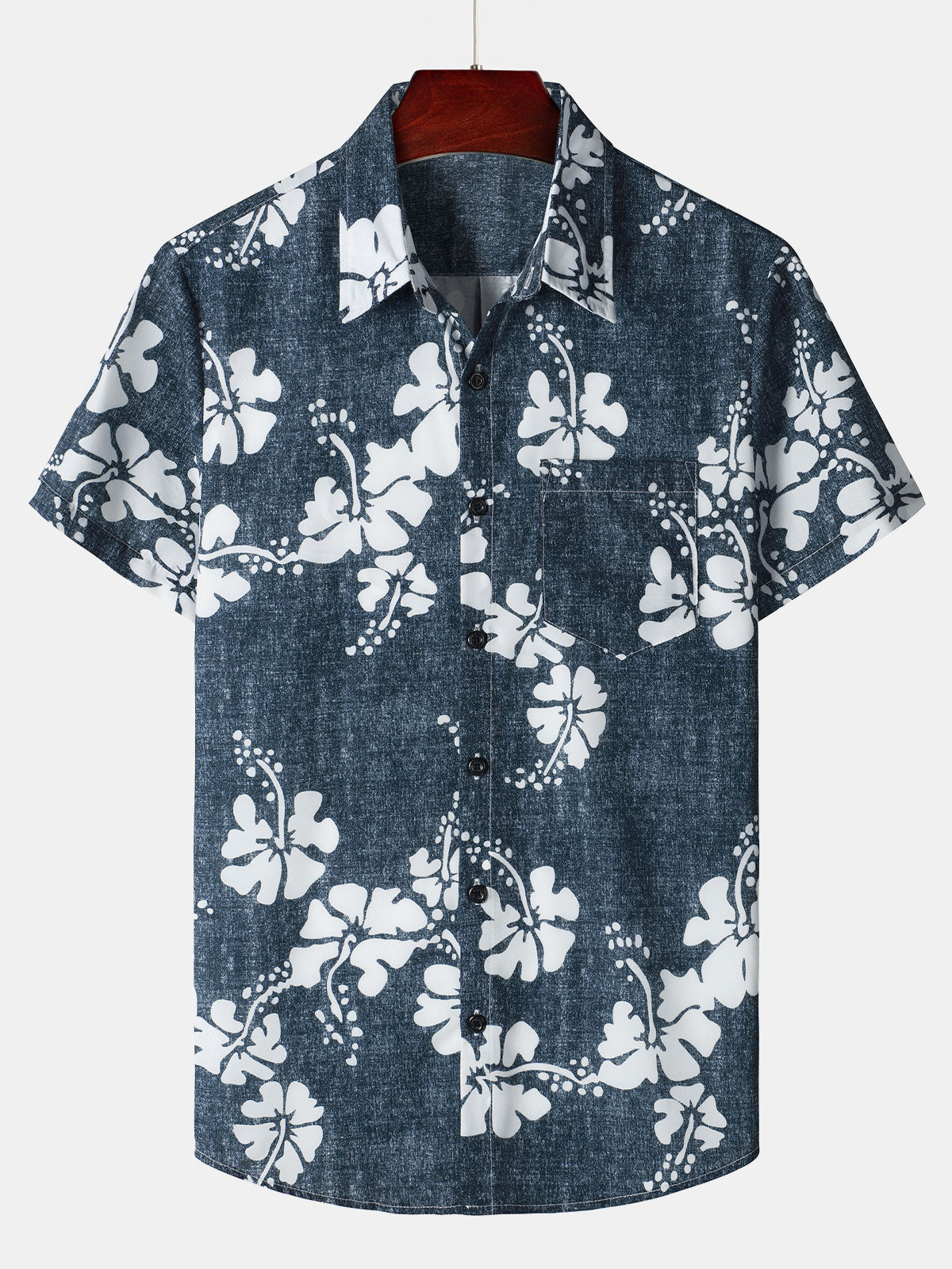 Men's Floral Hawaiian Pocket Navy Blue Button Up Short Sleeve Shirt