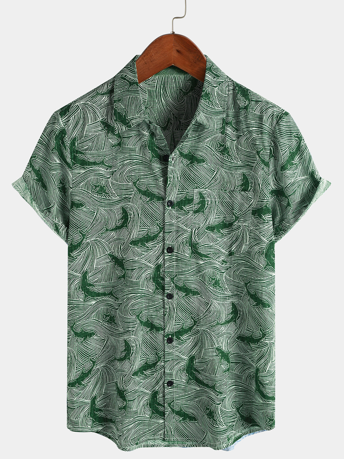 Men's Holiday Summer Ocean Shark Beach Hawaiian Button Short Sleeve Shirt
