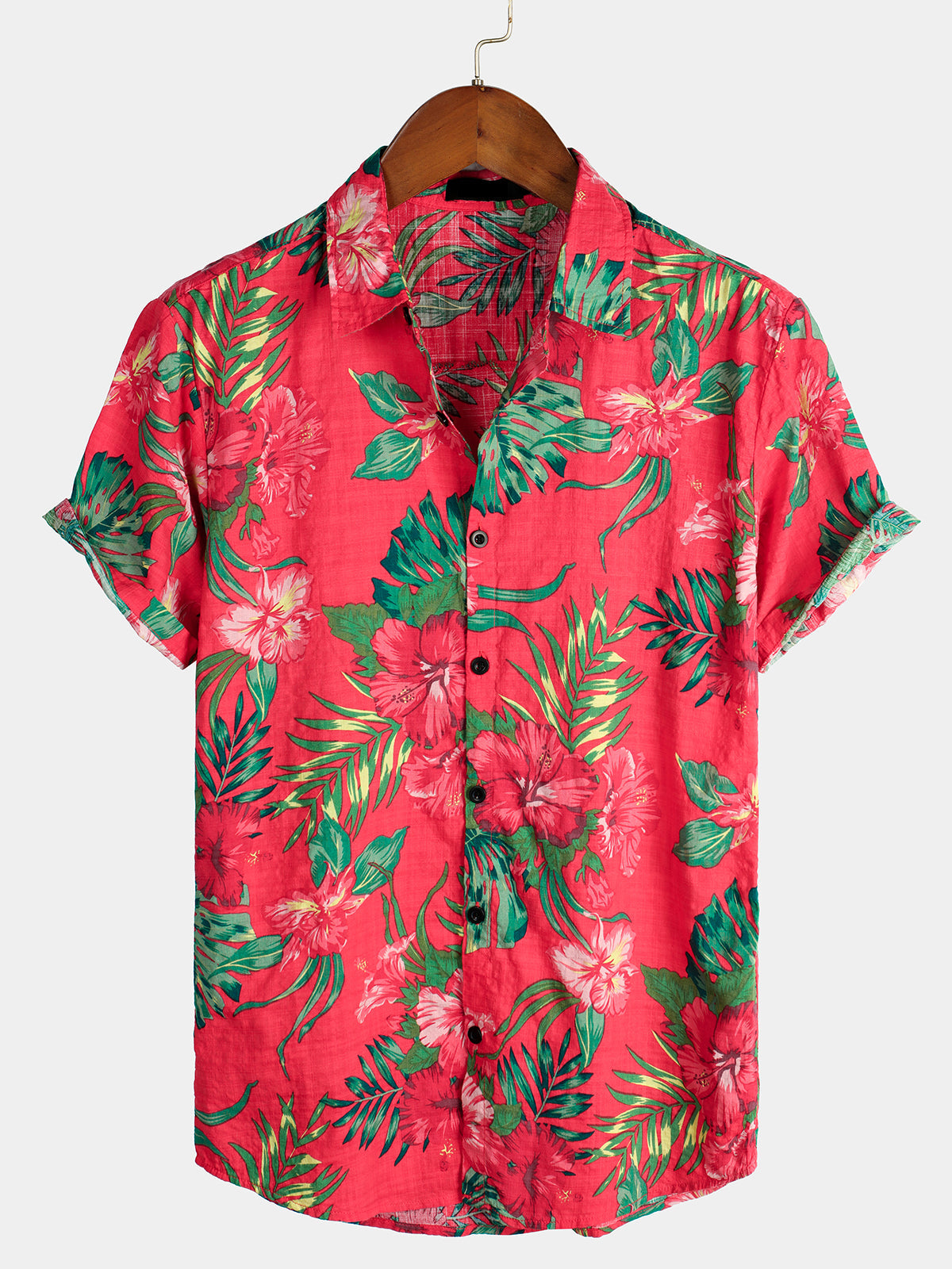 Men's Floral Tropical Hawaii Cotton Red Shirt