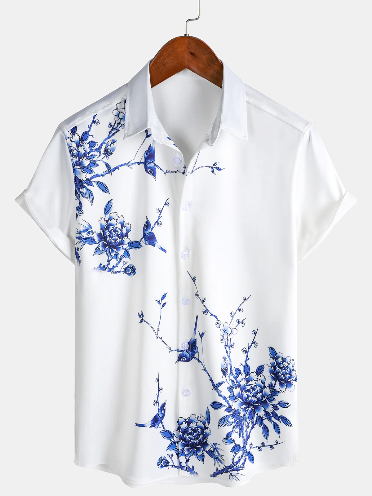 Men's Blue Floral Print Summer Hawaiian Holiday Short Sleeve Shirt