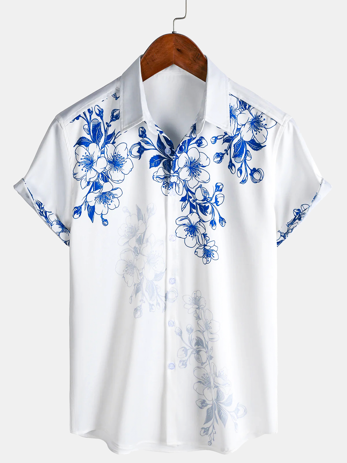 Men's Blue Floral Print Short Sleeve Cruise Party Hawaiian Shirt