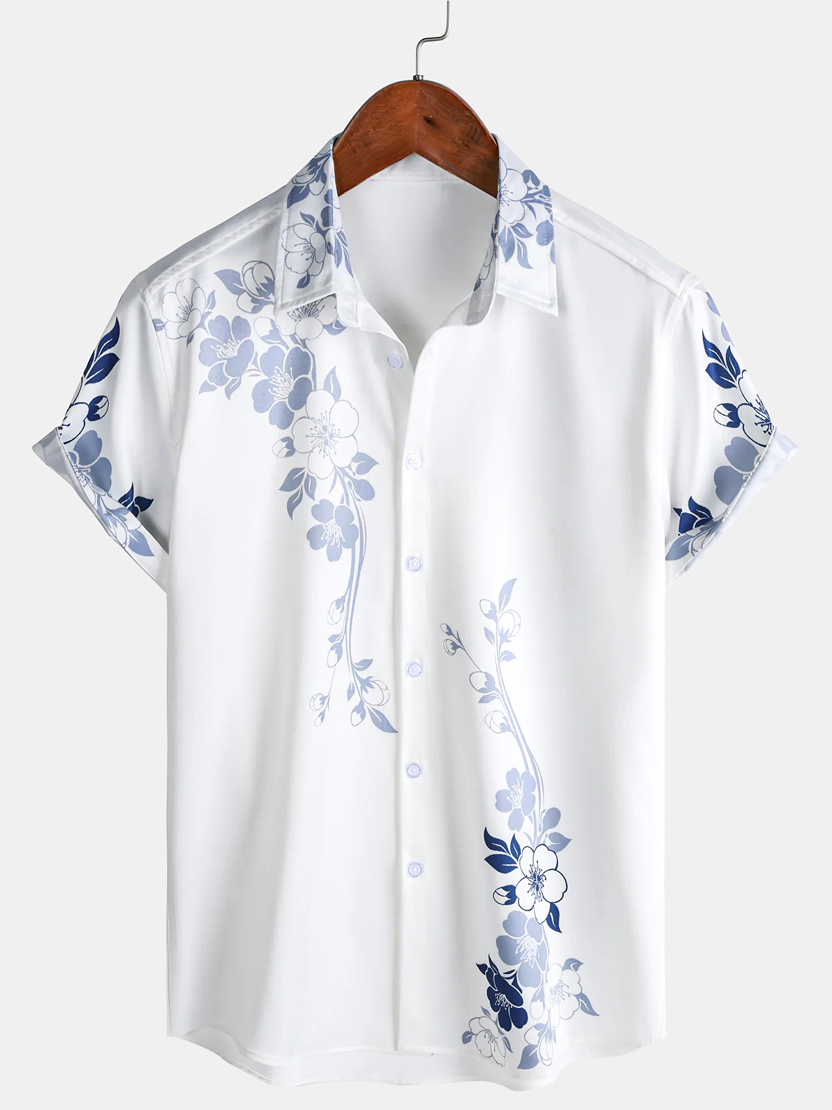 Men's Blue Floral Print Hawaiian Button Up Cruise Holiday Short Sleeve Shirt